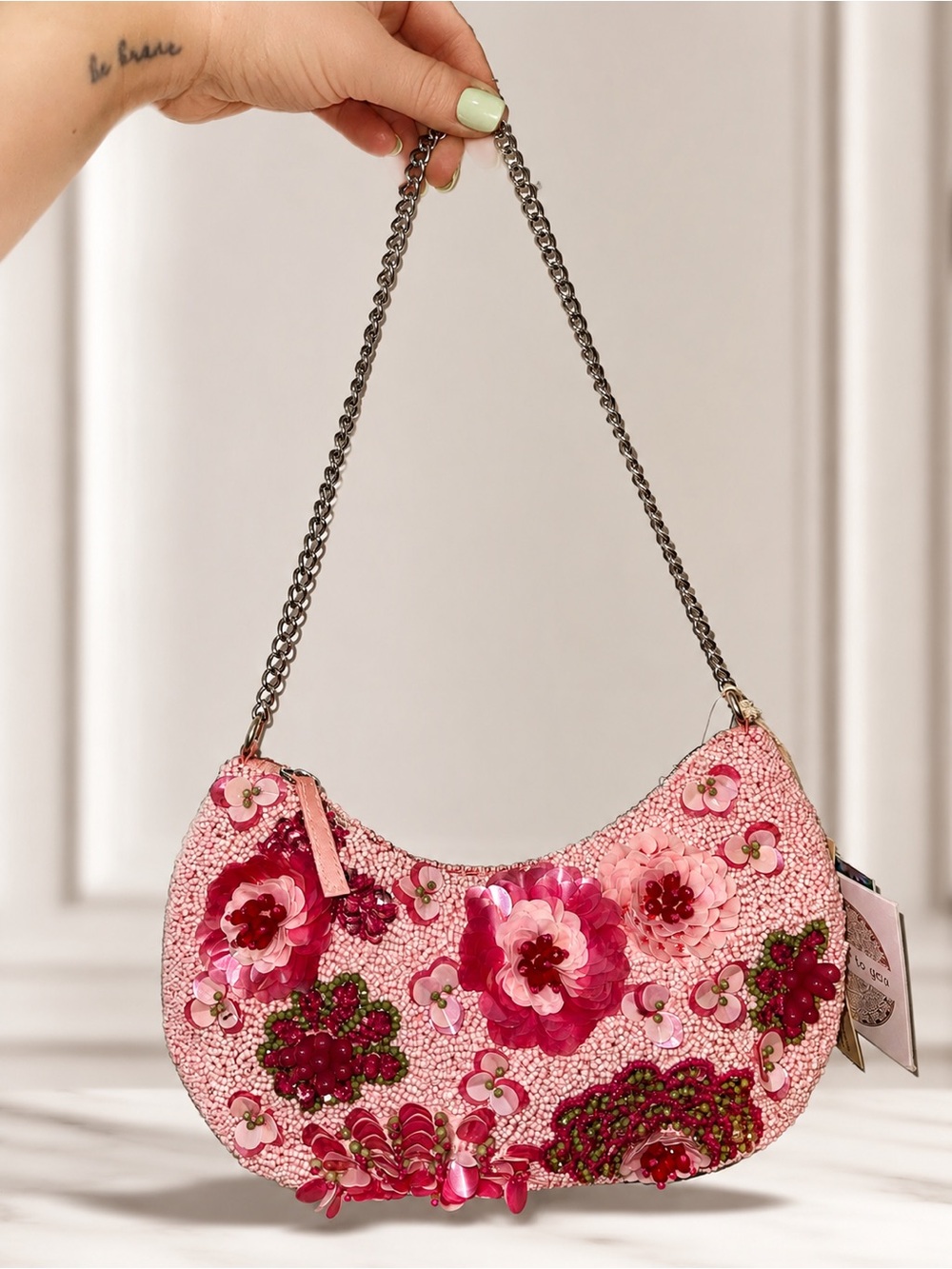 Pink Floral Beaded Shoulder Bag